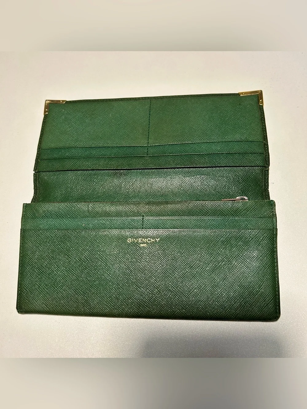 Givenchy Dark Green Leather bifold Wallet Gold Corners
